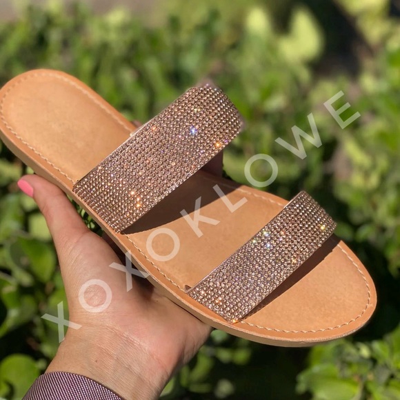 Rose Gold Bling Bling Rhinestone Sandal Slide - Picture 1 of 8